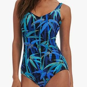 AMAVI Over The Shoulder One Piece Swimsuit in Multi Blue Size 16 NWOT